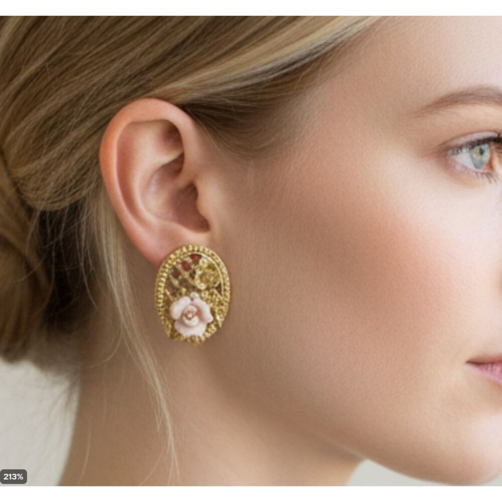 1928 VTG Gold Tone Pink Porcelain Rose Pierced Earrings Filigree Oval Balletcore